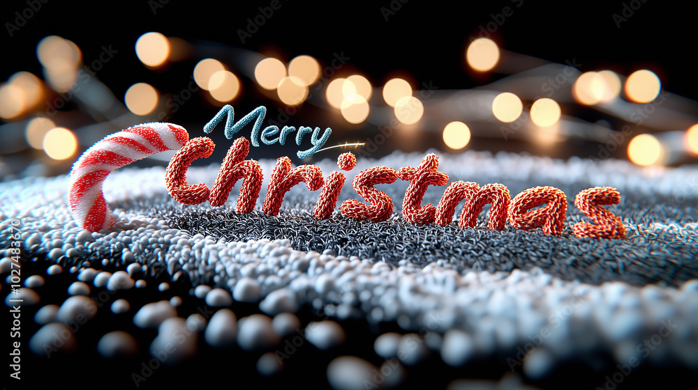 Poster merry christmas text made from twisted candy, surrounded by soft bokeh lights, creates whimsical and