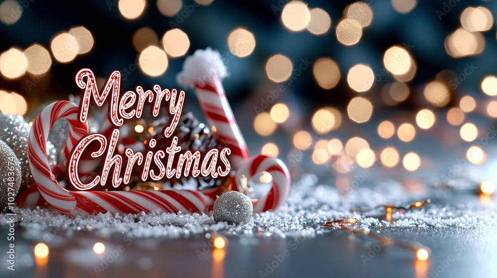 Poster merry christmas text made from twisted candy canes, surrounded by festive decorations and sparkling 