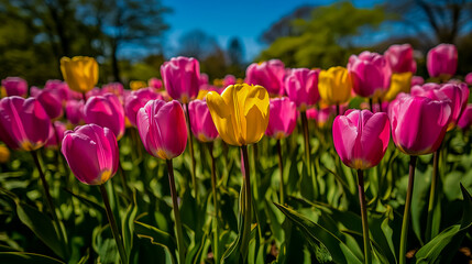 Fototapeta premium A vibrant field filled with blooming pink and yellow tulips.