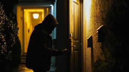 A break-in scene where a burglar is carefully picking the lock of an apartment door, street lights illuminating the dark hallway,