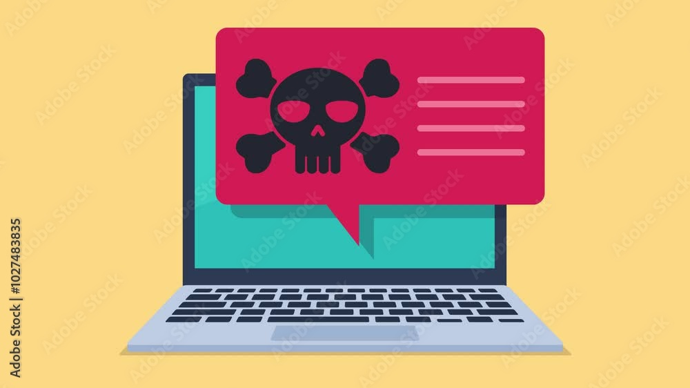Aufkleber laptop with skull icon and comments. laptop hacked by hacker. flat design animation.
