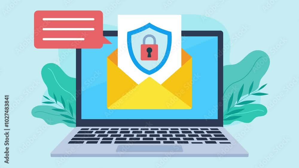 Poster e-mail with a document on a laptop screen. the email opens. the document is protected by a shield. d