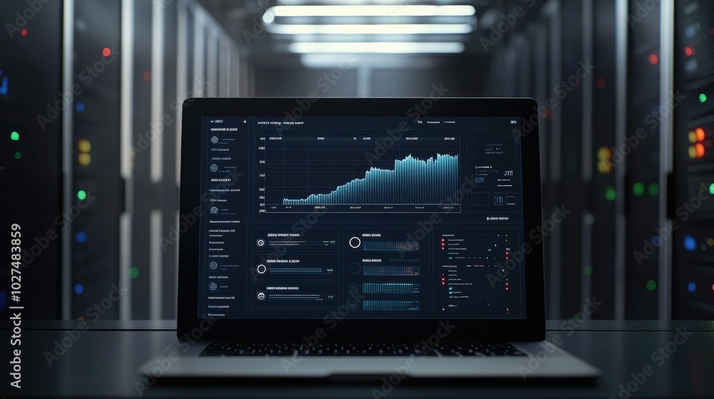 Poster Minimalistic Server Room with Laptop Displaying Data