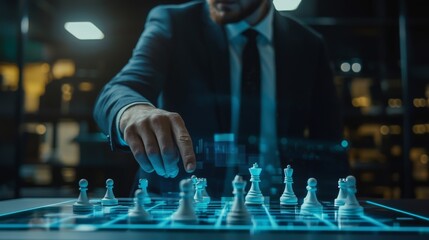 A business executive using stealth tactics on a digital screen to gain competitive advantages, with competitors unaware of the subtle moves