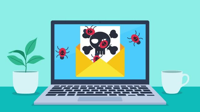 On the laptop screen there is an e-mail from which computer worms come out when opened. Ronbaks infect the laptop's operating system with a virus. On the screen there is only a black skull on a red bg