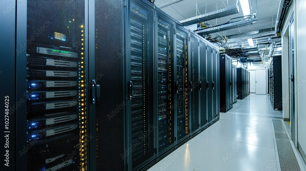 Poster modern server room with rack systems and technology