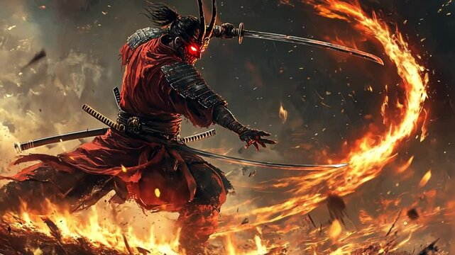 samurai ninja with fire sword, Samurai warrior with katana sword, samurai holding samurai sword, footage, 4k footage, videos, video clip, slow motion, video wallpaper, animation, 4k, short video