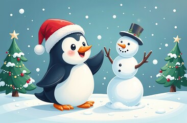 A cheerful penguin playing with a snowball ar 32 34 3 christmas, snowman, winter, snow, holiday, cold, vector, xmas, tree, snowflake, card, hat, fun, season, cartoon, decoration, new year 