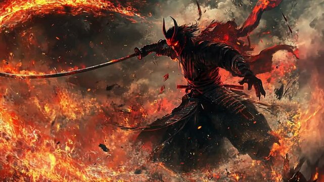 samurai ninja with fire sword, Samurai warrior with katana sword, samurai holding samurai sword, footage, 4k footage, videos, video clip, slow motion, video wallpaper, animation, 4k, short video