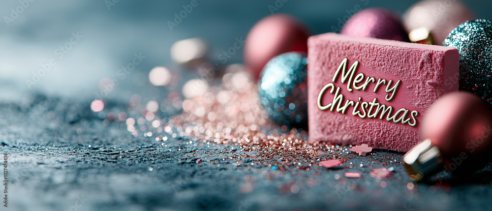 Poster festive arrangement featuring pink block with merry christmas text surrounded by colorful ornaments 
