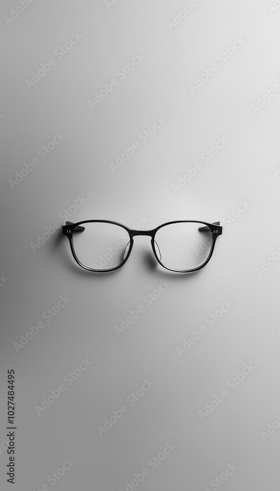 Poster a pair of sleek black eyeglasses rests elegantly on a gray surface, illuminated by gentle afternoon 
