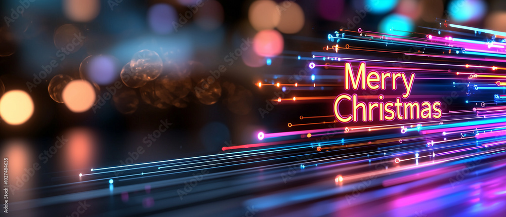Poster merry christmas is beautifully displayed in vibrant digital glitch art style, surrounded by colorful