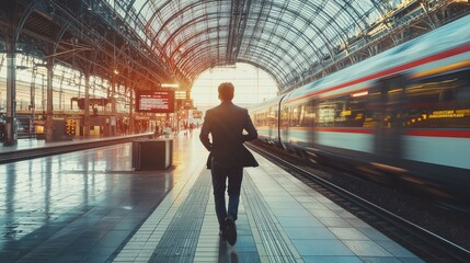 A businessperson rushing to catch a train in a modern European station, blending the fast-paced business world with cultural diversity and efficient travel