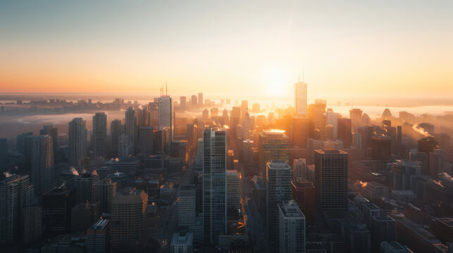 The sun sets behind the skyline, casting a golden glow over the towering buildings as the day transitions into night.