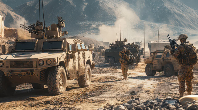 A military operation scene with soldiers, vehicles, and equipment in action, symbolizing U.S. military involvement abroad, set in a tense but controlled environment