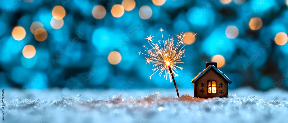Poster charming miniature house surrounded by sparkling snow, illuminated by festive sparkler, creates magi