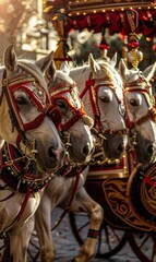 Fototapeta premium Four horses are pulling a carriage with red decorations on their heads