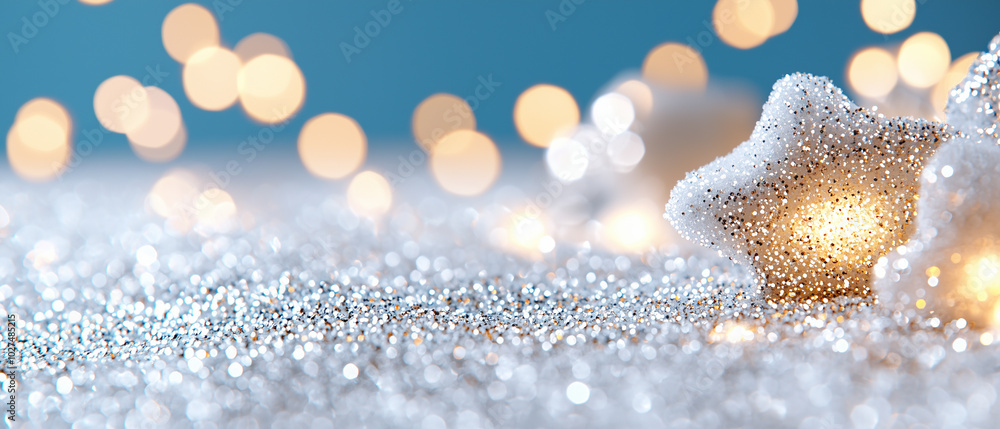 Poster sparkling winter scene featuring snow covered star surrounded by shimmering glitter and soft bokeh lights, creating magical and festive atmosphere