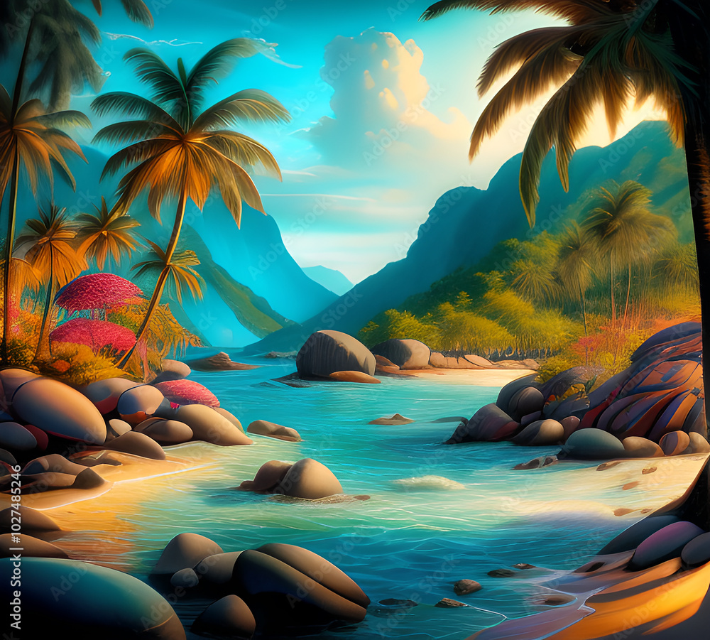 Canvas Prints beautiful exotic beach in bright colors abstract wavy background made with paints.generative ai