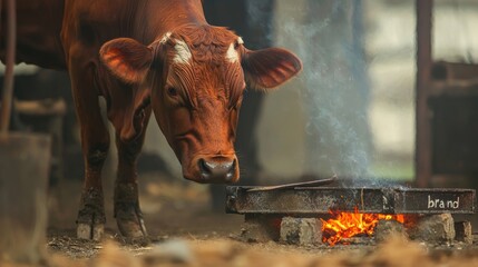 a hot iron branding a cattle, illustrating the historical meaning of the word "brand"
