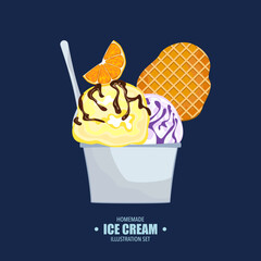 Set of flat design vector illustrations Of ice cream scoops in paper cups. Chocolate, vanilla, blueberry, strawberry, various flavors, waffles, cookies and toppings. Isolated illustration of ice cream