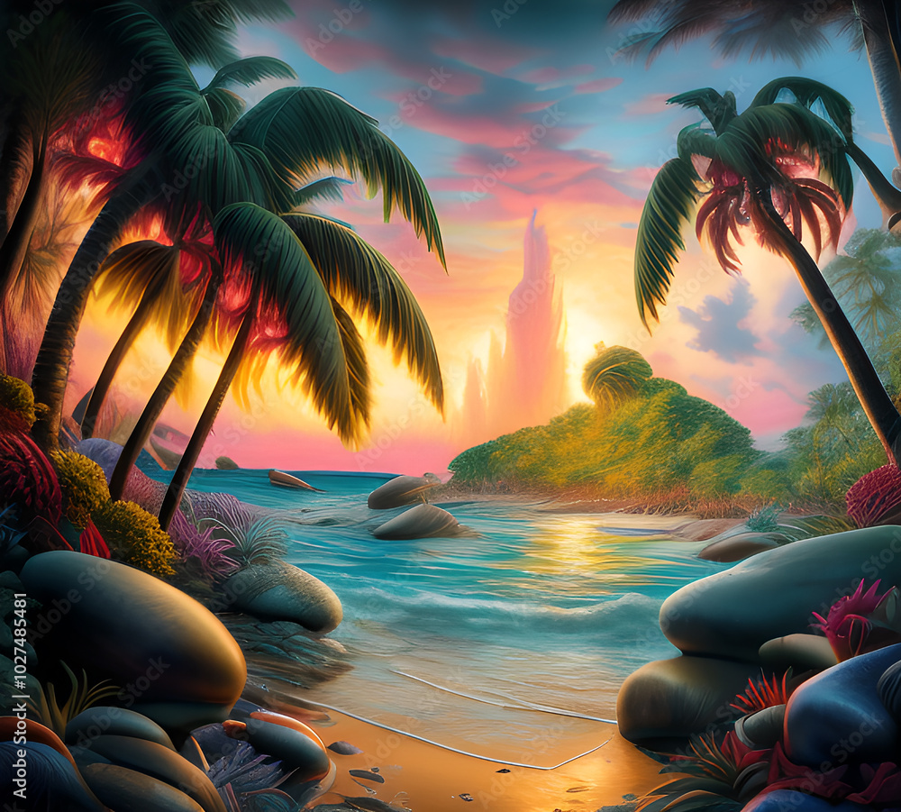 Canvas Prints beautiful exotic beach in bright colors abstract wavy background made with paints.generative ai