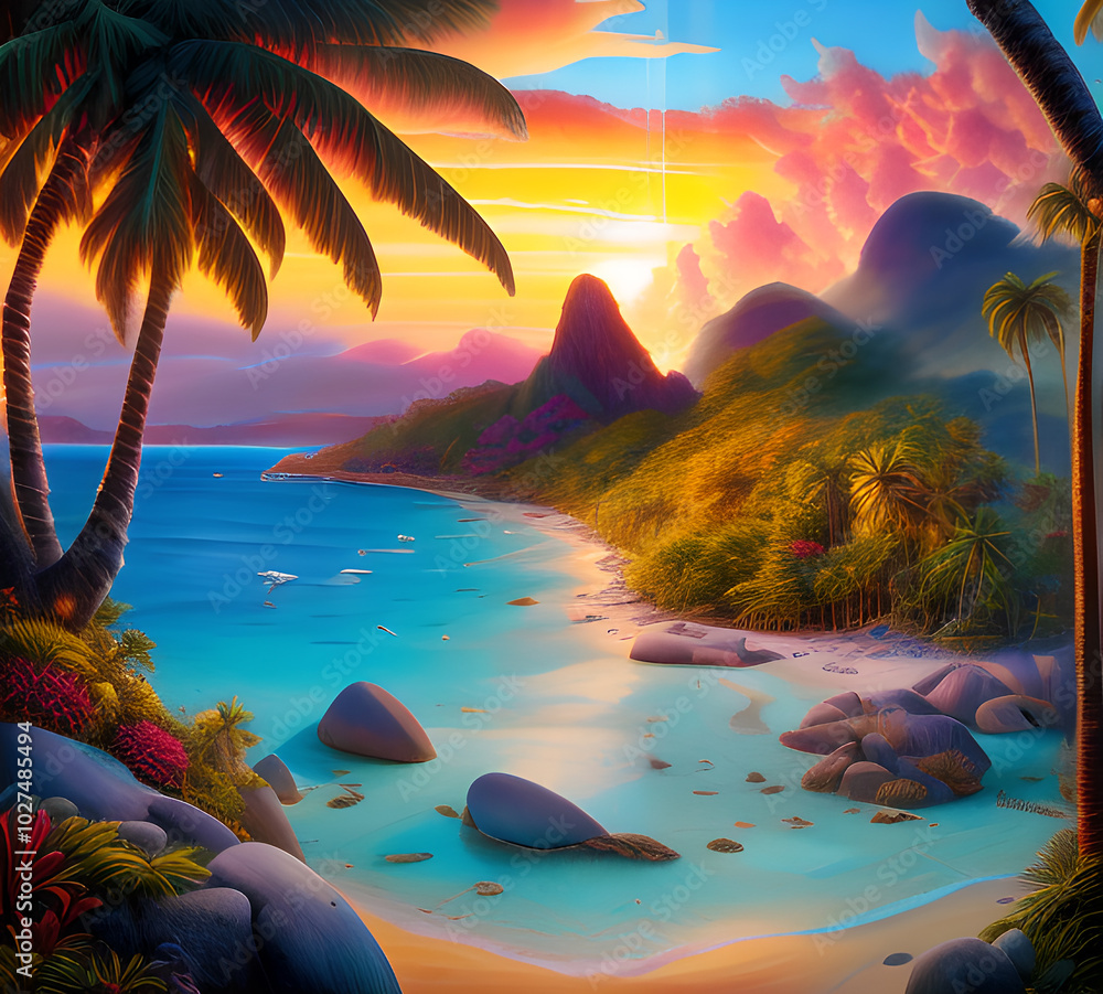 Canvas Prints beautiful exotic beach in bright colors abstract wavy background made with paints.generative ai