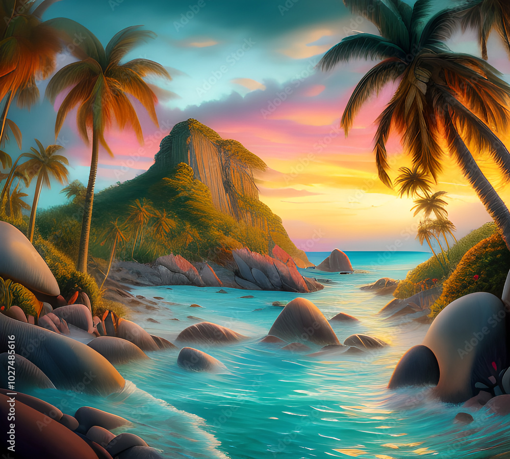 Canvas Prints beautiful exotic beach in bright colors abstract wavy background made with paints.generative ai
