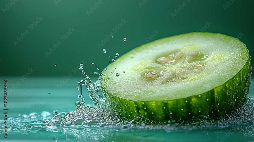 Aufkleber cucumber slice splashing into water with bubbles
