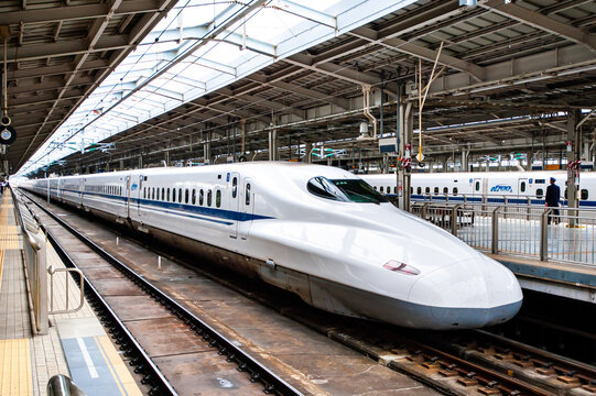 A JR N700 series train of Tokaido Shinkansen stopping at Shin-Osaka Station. This train is the majority of the Tokaido Shinkansen fleet and can run up to 300 km/h in OSAKA, JAPAN on Nov 15, 2015