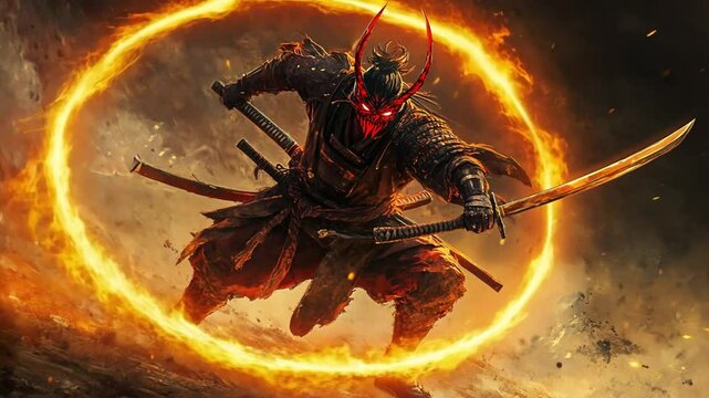 samurai ninja with fire sword, Samurai warrior with katana sword, samurai holding samurai sword, footage, 4k footage, videos, video clip, slow motion, video wallpaper, animation, 4k, short video