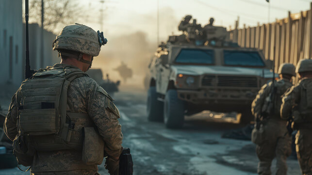 A military operation scene with soldiers, vehicles, and equipment in action, symbolizing U.S. military involvement abroad