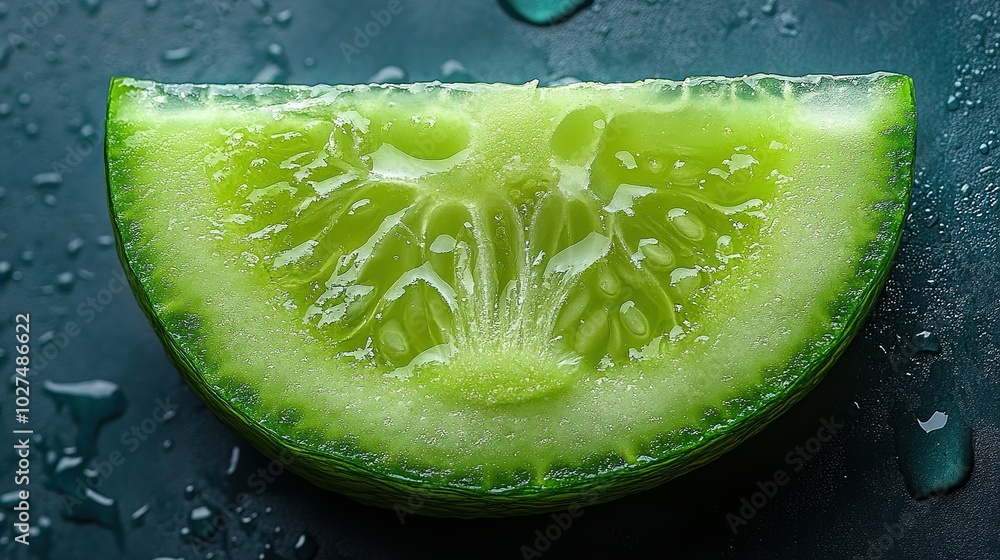 Poster a close-up view of a freshly sliced cucumber with water droplets