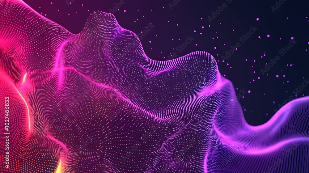 Poster abstract digital wave with glowing particles on a dark background.