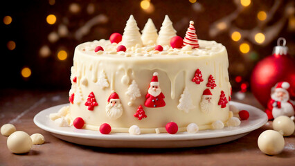 サンタクロースの飾りがついたホワイトチョコレートのデコレーションケーキ、クリスマス