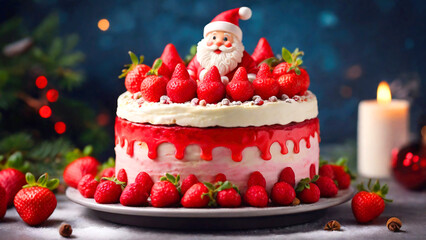 サンタクロースの飾りがついたイチゴのデコレーションケーキ、クリスマス
