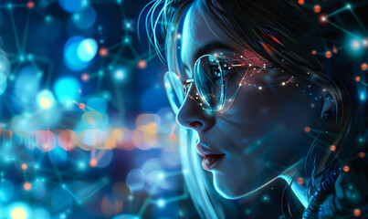 woman in glasses, who uses high technology for futuristic virtual reality and visualization