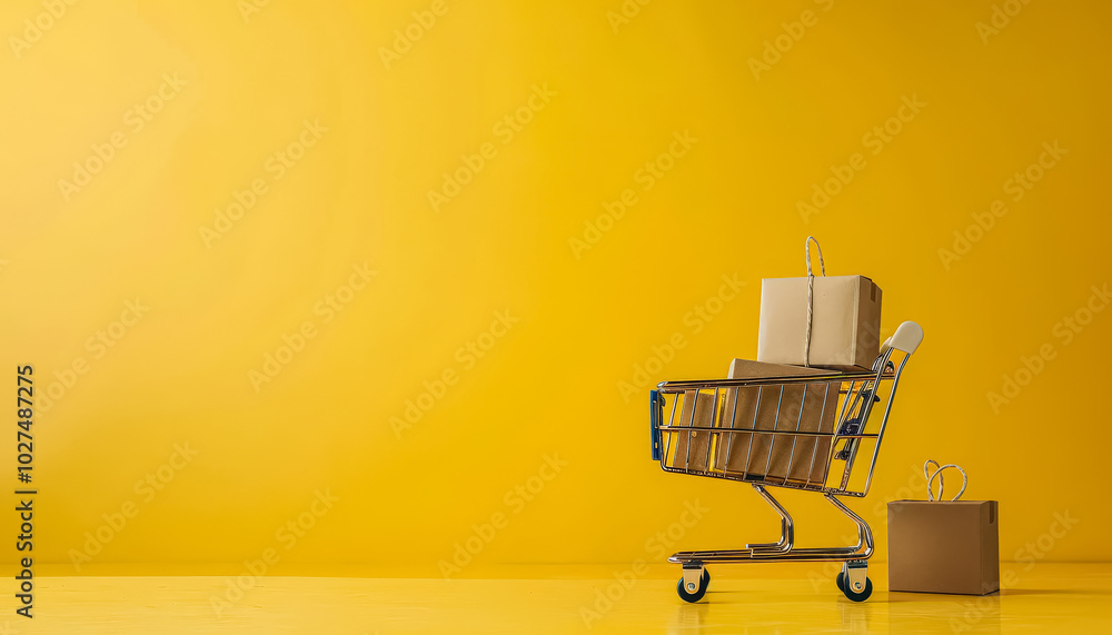 Poster shopping cart is piled high with boxes, and it is sitting on a bright yellow background. the cart is