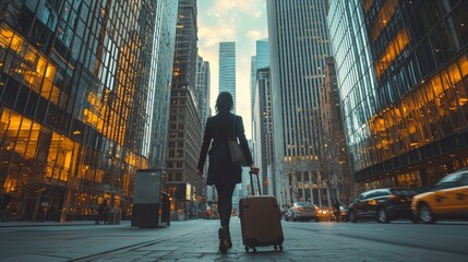 A professional businesswoman walking through a bustling city street in New York, surrounded by skyscrapers, her suitcase rolling beside her, ready for the next business meeting