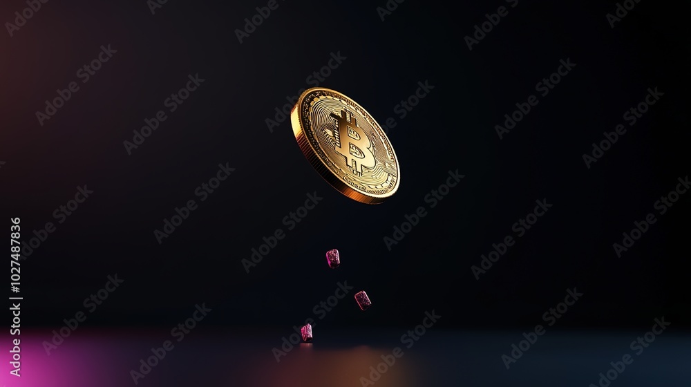 Poster bitcoin coin falling in a dark background