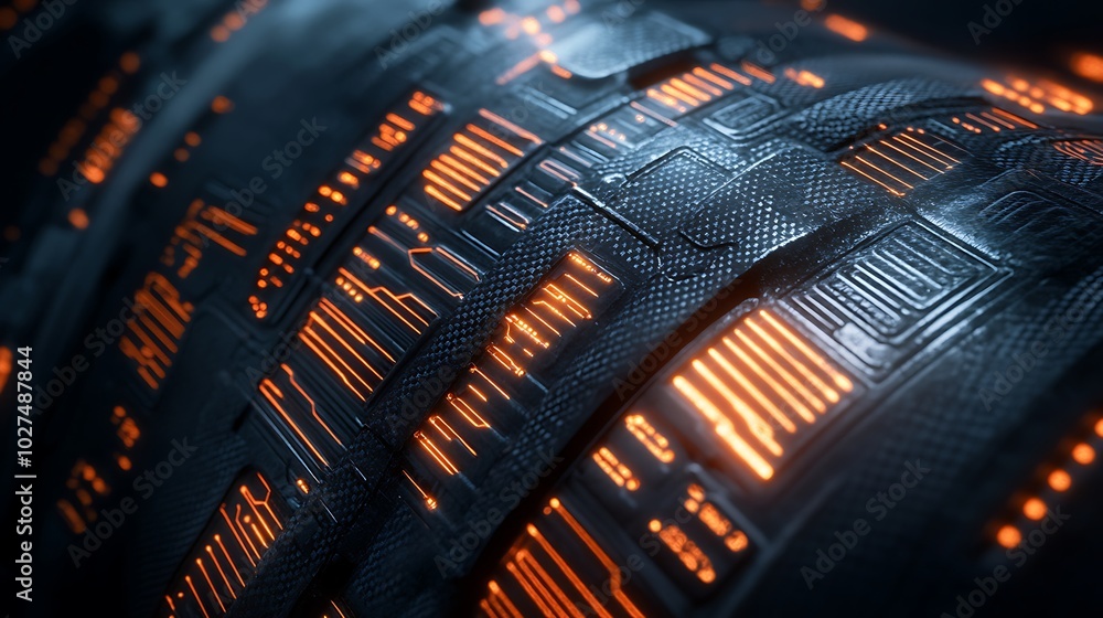 Poster abstract futuristic background with glowing orange lines and textured metal surface.