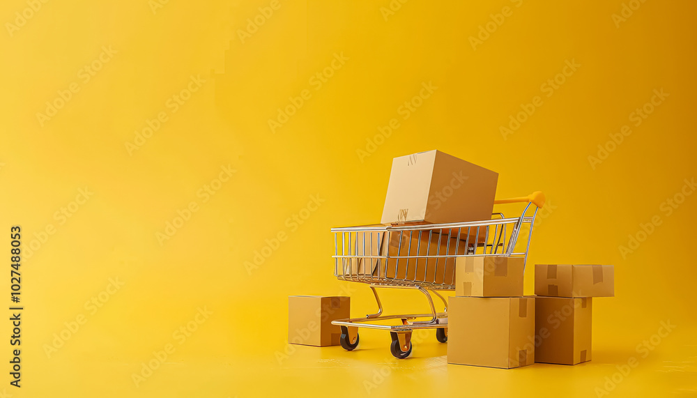 Poster shopping cart is piled high with boxes, and it is sitting on a bright yellow background. the cart is