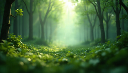 Obraz premium A lush green forest with sunlight shining through trees, illuminating the grass and plants, creating a serene and tranquil atmosphere.