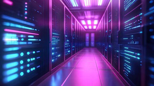 Colorful Data Center Corridor with Modern Technology