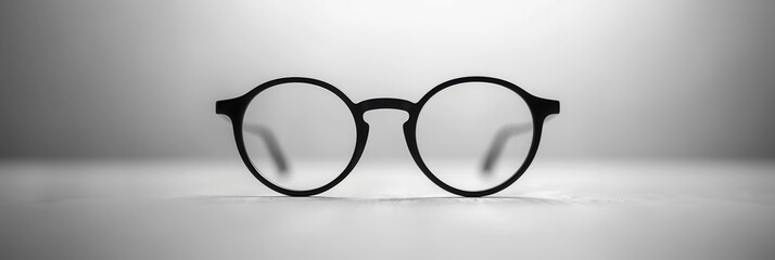 A pair of round black eyeglasses sits neatly on a minimalist surface, showcasing their design and suitability for everyday use. Generative AI