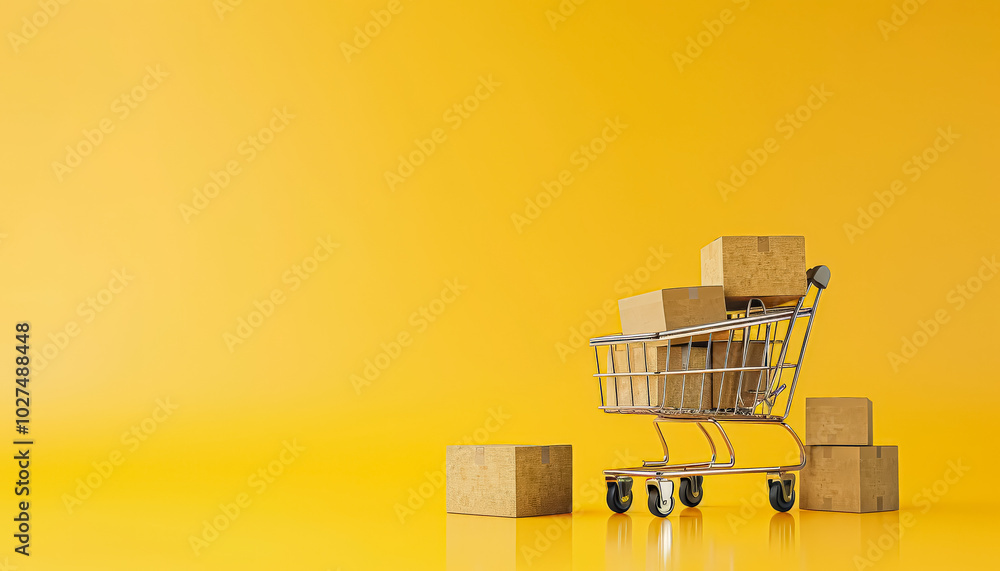 Poster shopping cart is piled high with boxes, and it is sitting on a bright yellow background. the cart is