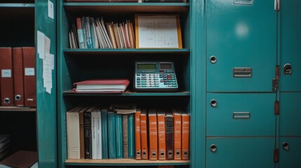 A Close-Up View of a Shelf with Books and a Calculator