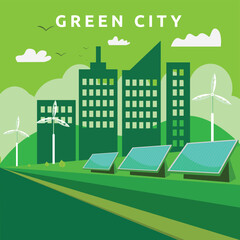 Obraz premium Green city with renewable energy. wind turbine and solar panels in the city illustration.