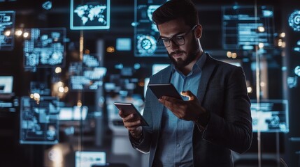Business executive checking multiple notifications on smart devices, with a backdrop of futuristic office tech.