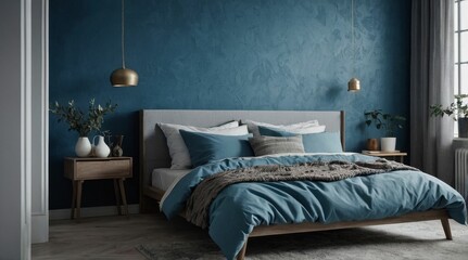 Close up Scandinavian interior design of modern bedroom. Bed near blue stucco wall\